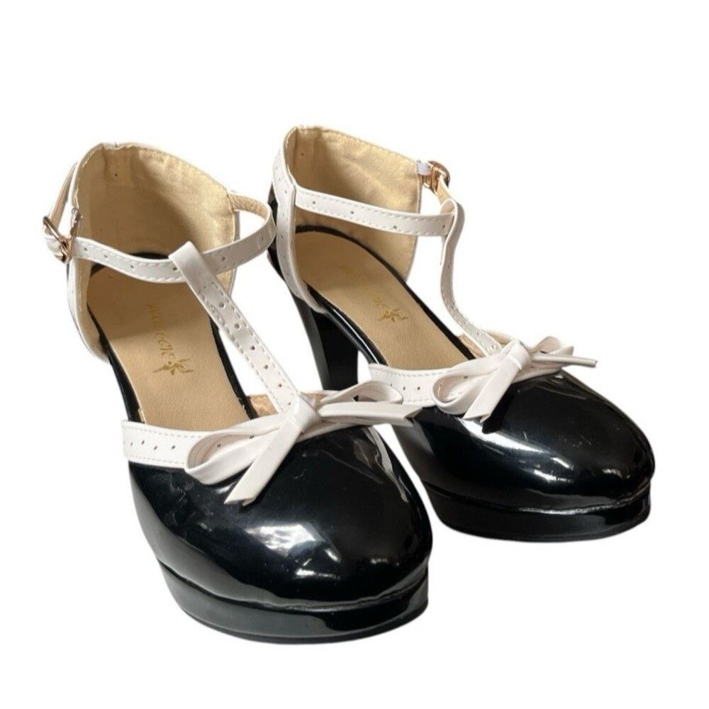 Pixie Cove Womens Heels Ankle Strap Bows Black White Patent Trim Size 10